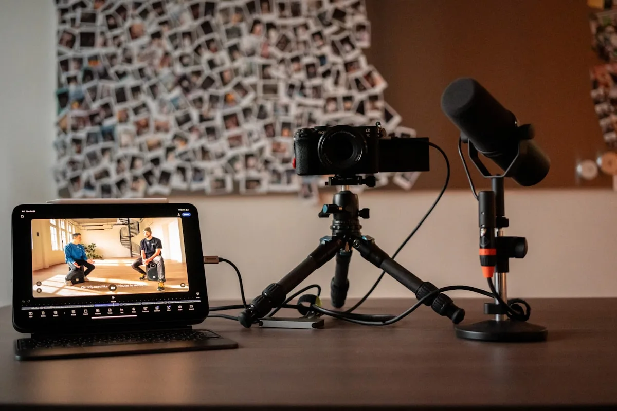 Camera, microphone and monitor set up for a video shoot