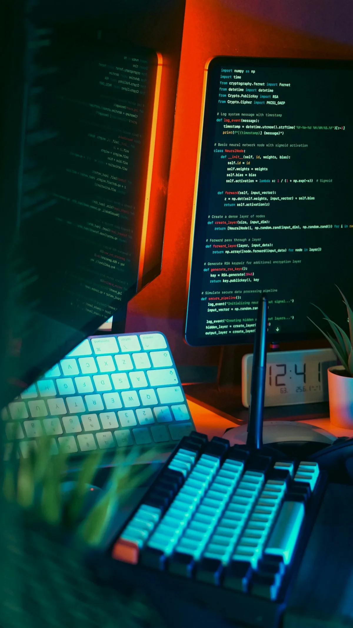 Code on a monitor above a backlit keyboard
