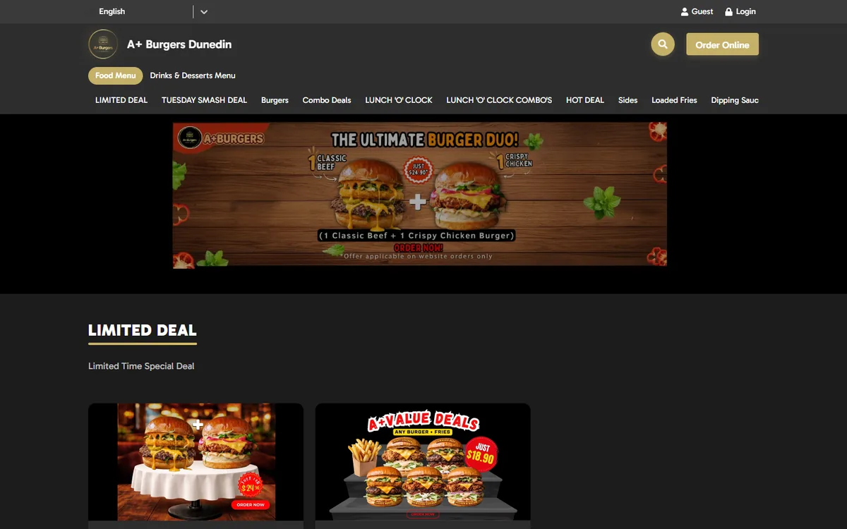 The A+ Burgers website at aplusburger.co.nz
